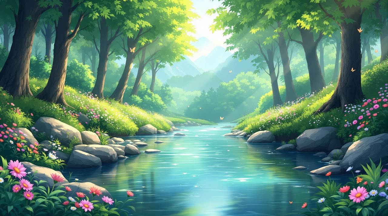 ai电影治愈剧场自然风光背景 ai电影 - 清澈甘甜的治愈剧场,山间清泉流淌在绿意盎然的森林中,晨光洒落,温暖治愈